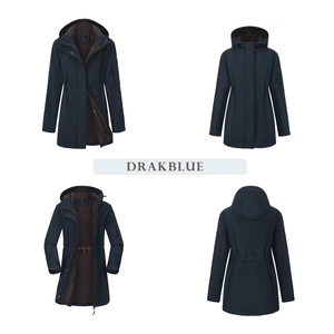 Detail view of dark blue women's hooded parka featuring waist drawstring and arm pocket