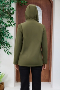 Back view of army green hooded windbreaker jacket with premium composite fabric