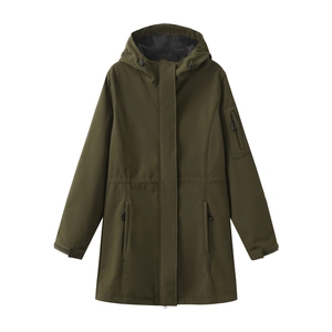 Detail view of olive green hooded jacket showing drawstring hood and utility zipper pockets