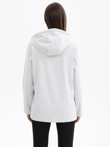 Back view of minimalist white hooded windbreaker jacket with water-resistant fabric for women