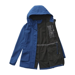 Detail of waterproof hooded jacket showing adjustable waist drawstring and inner pocket