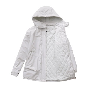 Close-up of white hooded parka showing quilted lining and durable dual-front closure