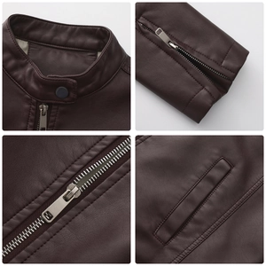 Detailed views of stand collar, metal zippers, and textured PU leather on dark red jacket