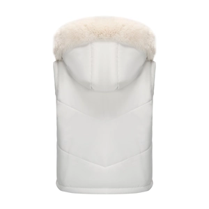 Detail view of white hooded vest with beige faux fur collar and V-shaped quilting