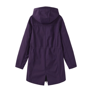 Detail view of purple waterproof jacket with adjustable drawstring waist and back split hem