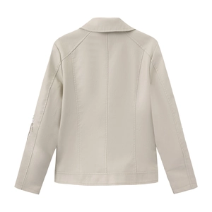 Close-up back view of floral embroidery on beige faux leather jacket with slim cut