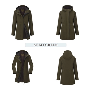 Detailed views of an army green hooded parka with waist drawstring and sleeve pocket