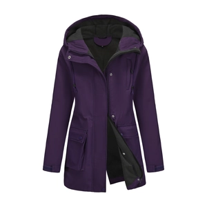 Detail of dark purple hooded rain jacket with softshell texture and warm fleece lining