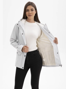 Women's light grey hooded windbreaker with warm fleece lining and large front flap pockets