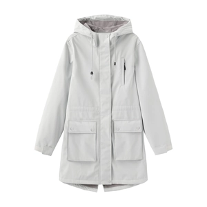 Flat lay detail of a hooded rain parka with zipper closure and large utility pockets
