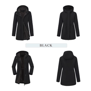 Detail view of women's dark grey hooded jacket with fleece lining and multi-pockets