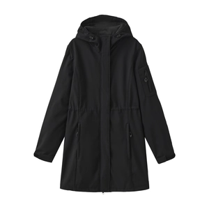 Detail showing adjustable drawstring waist and zip pockets on black hooded jacket