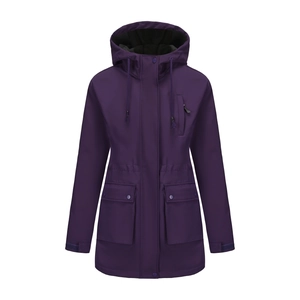 Detail of waterproof purple hooded jacket with waist drawstrings and large flap pockets