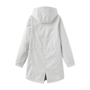 Rear view of light gray hooded jacket showing waterproof fabric and split hem detail