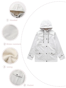 Women's white waterproof hooded jacket with warm plush lining and functional pockets