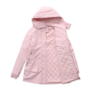 Detail of pink hiking jacket showing quilted warm lining and zip snap closure