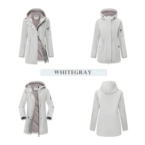 Detail view of women's long hooded windbreaker with fleece lining and adjustable waist drawstring