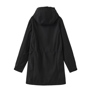 Rear view of women's hooded jacket with adjustable drawstring waist and outdoor softshell fabric