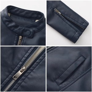 Detailed close-ups of stand-up collar, zipper cuffs and pockets on blue faux leather jacket