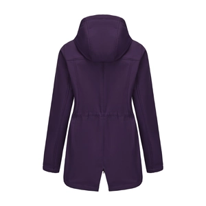Detail view of plum purple rain jacket with drawstring waist and back zipper vent