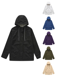 Women's hooded waterproof trench coat with snap buttons and drawstring, shown in six colors