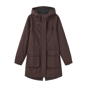 Detail of dark brown waterproof parka featuring a hood with drawstrings and large flap pockets