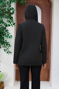 Back view of a black hooded windbreaker with a water-resistant finish and casual fit