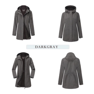 Detail view of dark gray hooded jacket showing multi-pockets and windproof fabric