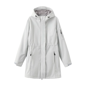 Detail view of light grey hooded windbreaker with warm polar fleece lining and zip pockets