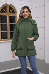 Deep green hooded parka jacket featuring functional pockets and a stylish outdoor design