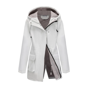 Close-up of a white waterproof hooded jacket featuring snap buttons and large pockets