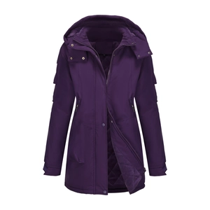 Detail of women's purple hooded parka with windproof fabric and quilted fleece lining