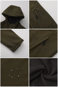 Close-up of waterproof softshell jacket featuring hooded design and warm fleece lining