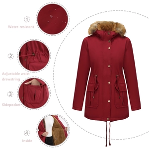 Détails de la parka rouge imperméable avec doublure en fausse fourrure et taille ajustée