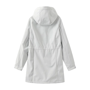 Rear view of women's hooded parka jacket featuring internal waist drawstring and pale grey fabric