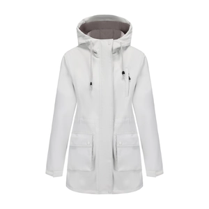 Detail of white hooded rain jacket with drawstring, chest zip pocket and flap pockets
