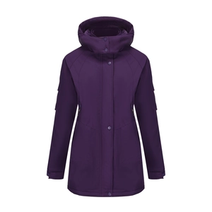 Front view of women's dark purple windproof outdoor jacket with hood and zip pockets