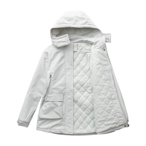 Detail of waterproof white parka with quilted lining, detachable hood, and zip pockets