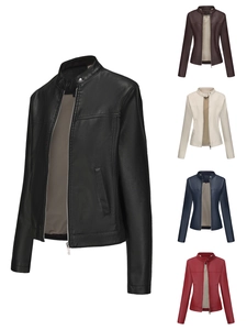 Women's faux leather biker jackets in five colors with stand collar and zipper detail