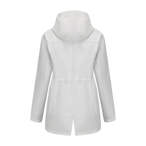 Rear view of white hooded raincoat featuring adjustable drawstring waist and slit hem