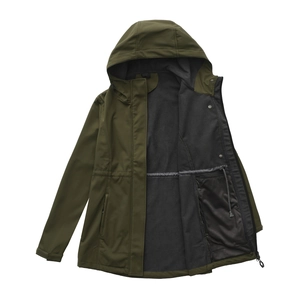 Detail of army green outdoor jacket featuring warm black fleece lining and waist drawstring