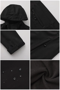 Detail of waterproof shell jacket showing fleece lining and adjustable hood features