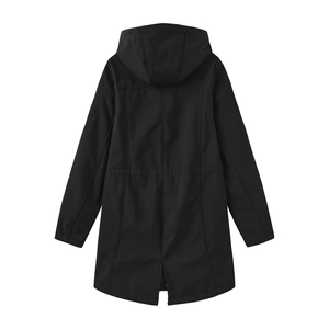 Rear view of black waterproof rain jacket with hood and back slit detail