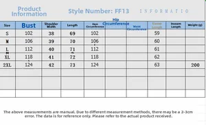 Detailed size chart for women's French linen shirt FF13 showing S-2XL measurements