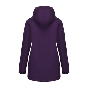 Rear view of a dark purple waterproof hiking jacket with elastic cuffs and a hood