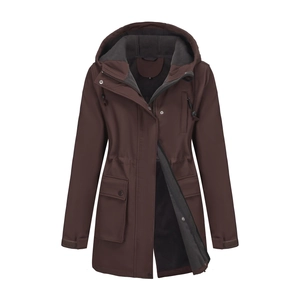 Detailed view of women's windproof jacket with warm fleece lining and adjustable hood