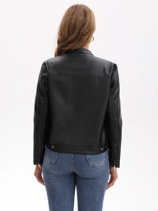 Women's slim fit black motorcycle leather jacket featuring back seams and zipper cuffs