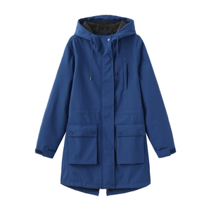 Deep blue waterproof hooded parka jacket with functional pockets and warm lining details