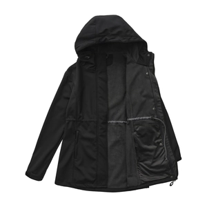 Detail of hooded windbreaker featuring warm fleece lining and adjustable waist drawstring
