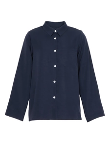 Navy blue linen long sleeve shirt for women featuring white buttons and a chest pocket